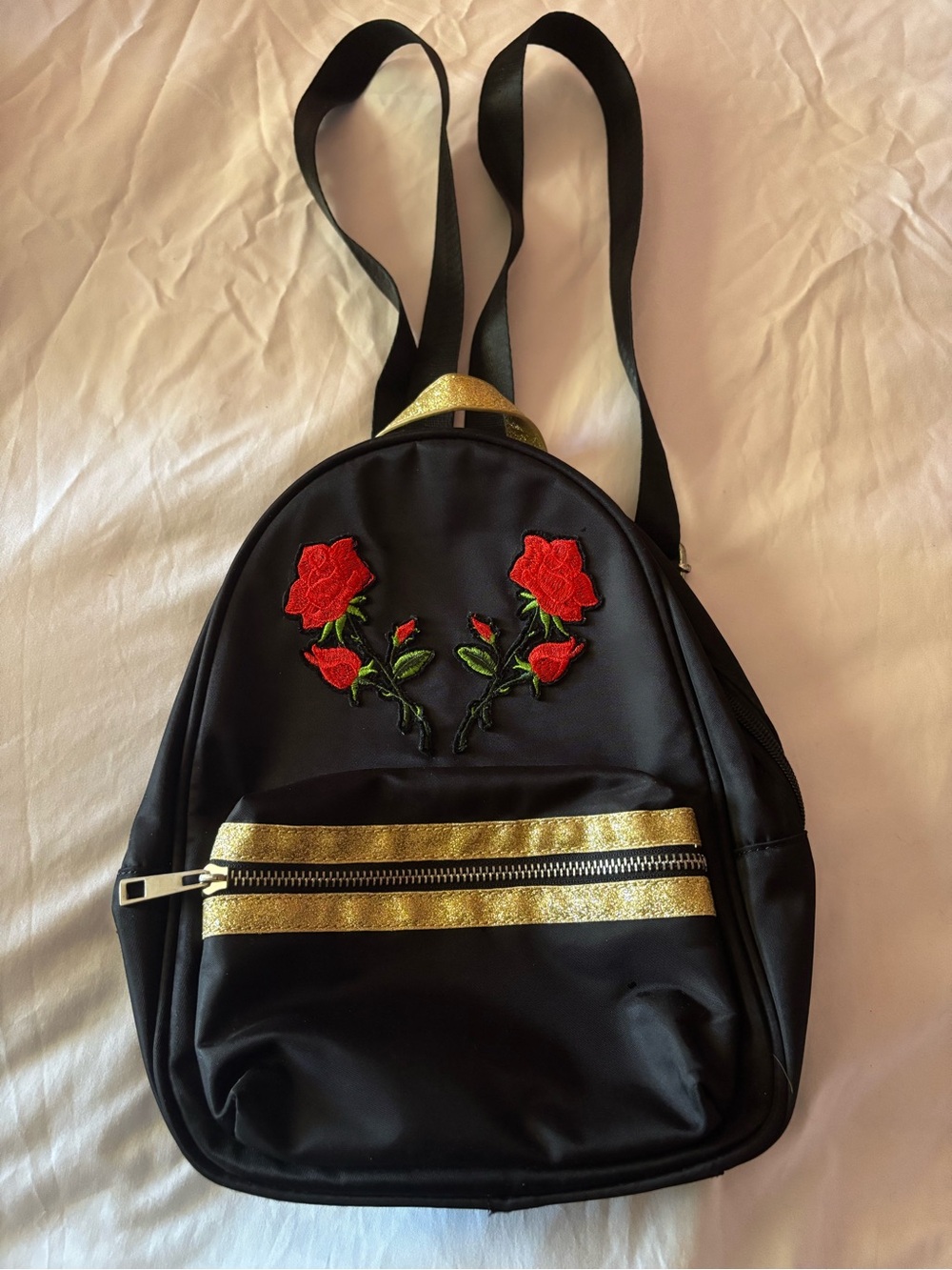 Black Mini Backpack with Red Rose Embroidery and Gold Accent